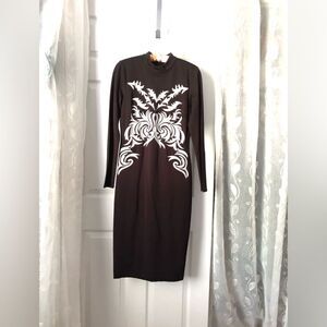 Bebe Pencil Long Sleeves Black Dress Size M back zipper embroidery turtleneck